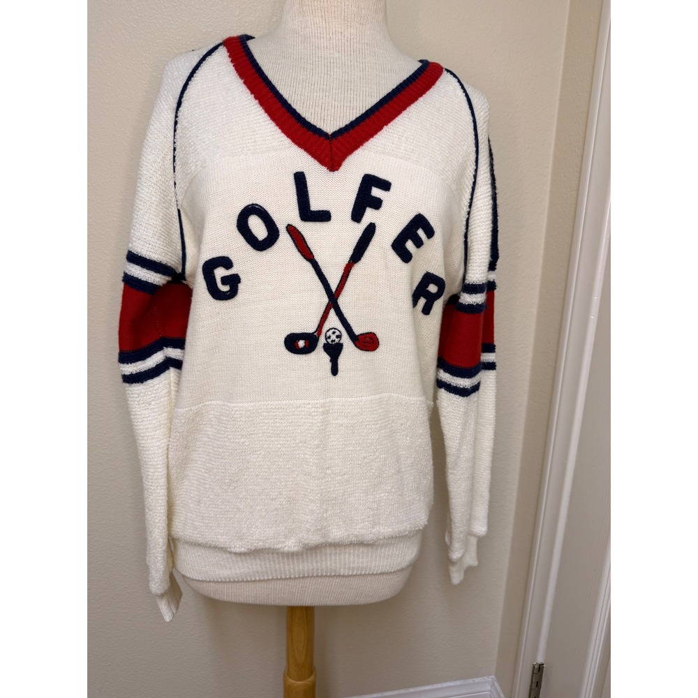 Vintage 80's La Mode Du Golf V-Neck Sweater Cream Red Blue Golfer Graphic L RARE